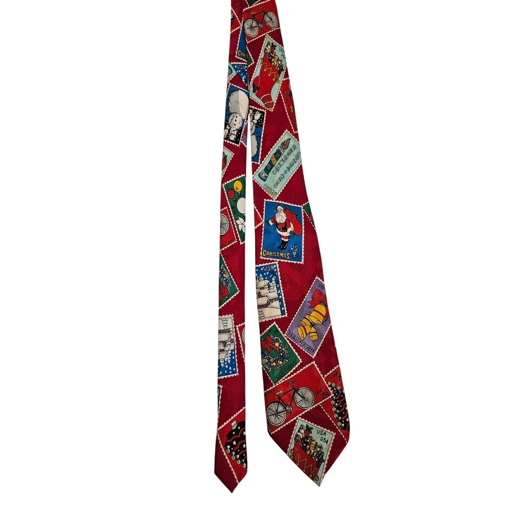 Vintage Company B Mens Christmas Postage Stamp Silk Look Red Holiday Necktie